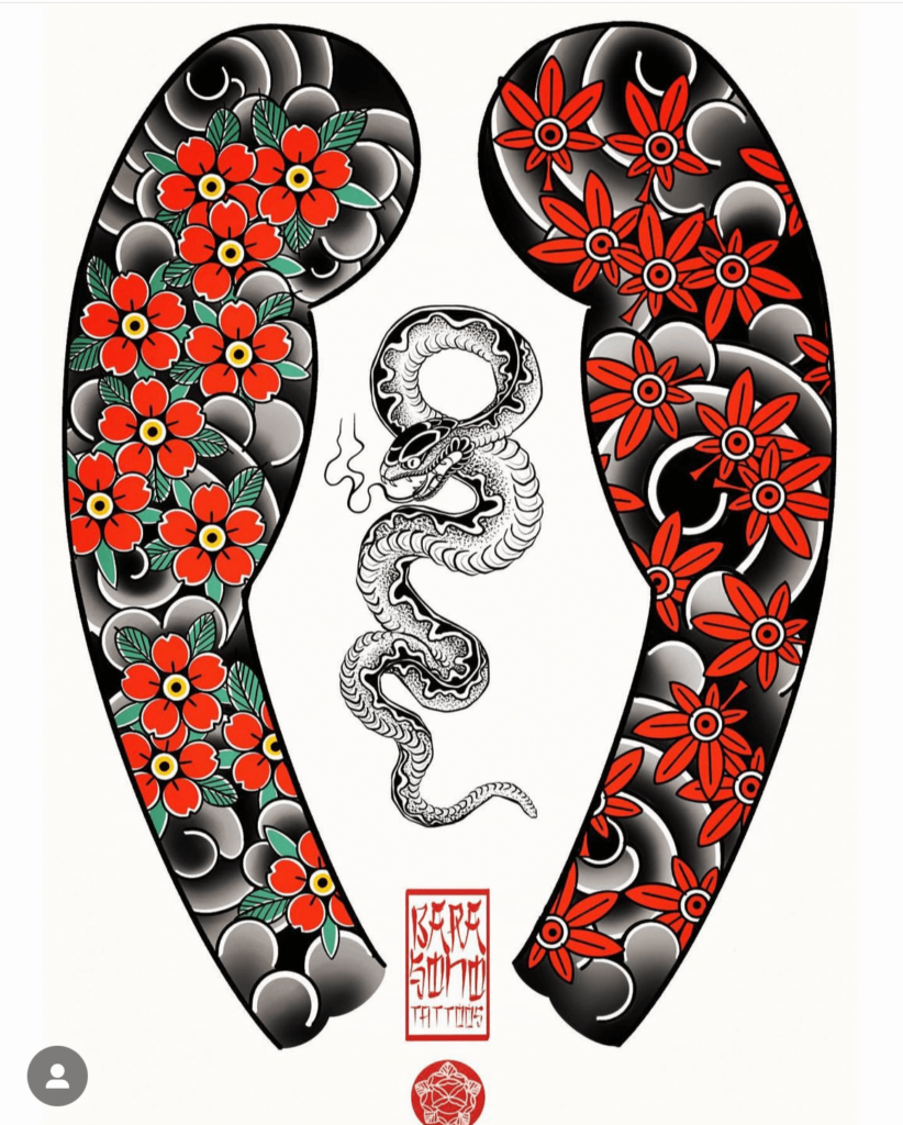 Tattoo Sleeve Japanese Flowers Flash Sheet by Joao Tereso in Red and Black and Grey.