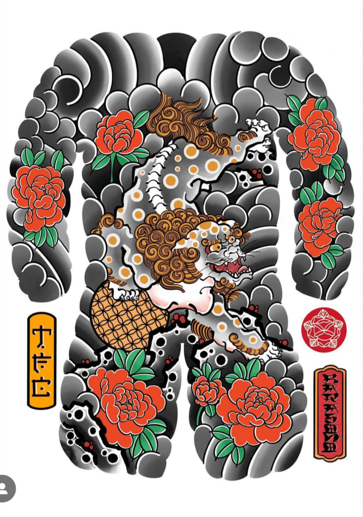 Tattoo Bodysuit Flash Sheet Japanese Style with lion, flowers and waves by Joao Tereso. Covers back, upperarms and thighs in traditional tattoos.