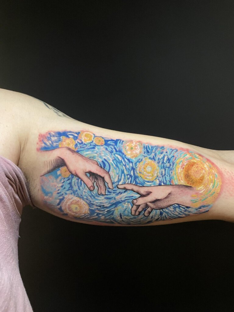 Van Gogh and Michelangelo Art Tattoo on arm in mixed tattoo style by Joao Tereso.