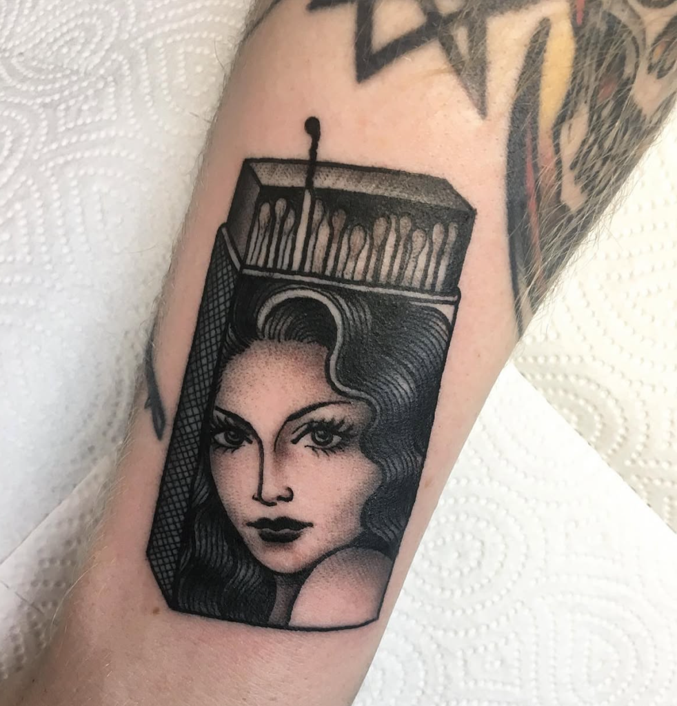 Matchbox Beautiful Lady and burned matches Tattoo